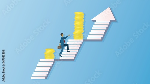 Climbing upstairs to earn more money. Vector illustration. African man with portfolio climbing step by step to success in economy. Dimension 16:9. EPS10.