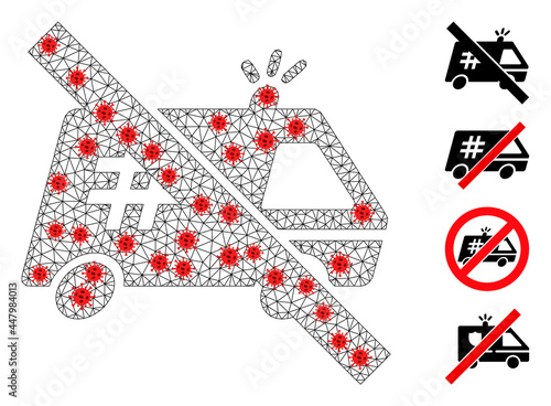 Net forbidden jail car with infection style. Mesh carcass forbidden jail car image in low poly style with structured linear items and red infection elements.