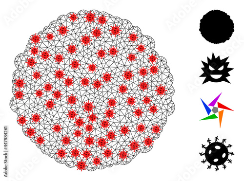 Mesh core using lockdown style. Mesh wireframe core image in low poly style with structured linear items and red covid items. Vector model is created from core with coronavirus items.