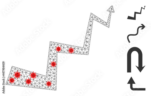 Polygonal curve arrow with lockdown style. Polygonal wireframe curve arrow image in low poly style with combined linear items and red covid centers.