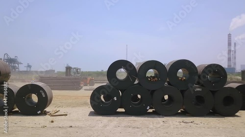 Drone shot of black metal coil rows, outside at the Ennore Port in Chennai, India photo