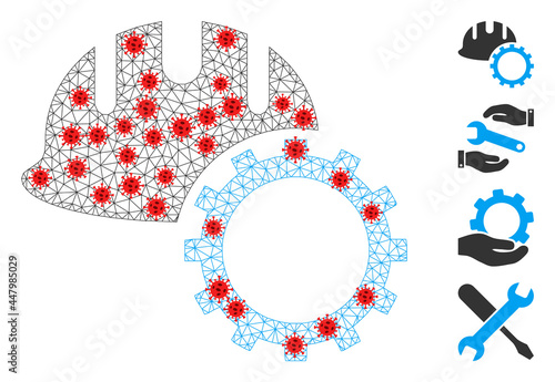 Net development hardhat with lockdown style. Polygonal wireframe development hardhat image in lowpoly style with connected linear items and red coronavirus elements.