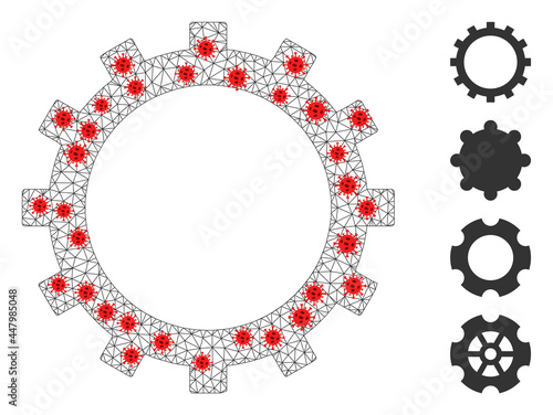 Polygonal gear in infection style. Polygonal carcass gear image in low poly style with connected lines and red covid items. Vector structure is created from gear with covid items.