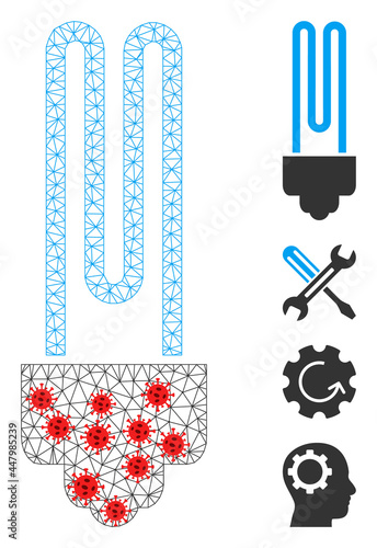 Mesh fluorescent bulb in outbreak style. Mesh carcass fluorescent bulb image in low poly style with connected linear items and red infectious elements.