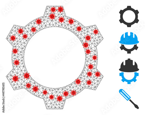 Network gear in infection style. Mesh carcass gear image in lowpoly style with combined linear items and red virus items. Vector structure is created from gear with virus centers.