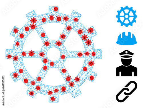 Network gear in infection style. Polygonal carcass gear image in lowpoly style with connected linear items and red infectious elements. Vector model is created from gear with infectious nodes.