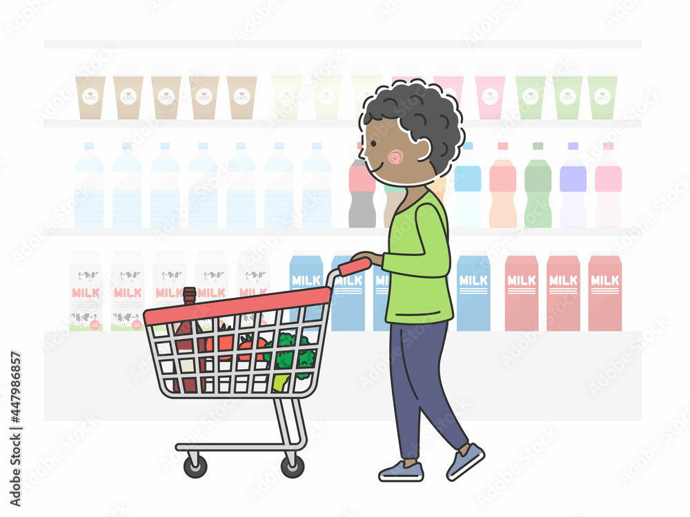 ショッピングカートで買い物をする黒人男性のイラスト Vector De Stock Adobe Stock