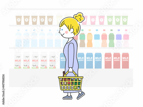 スーパーマーケットで買い物をする白人女性のイラスト