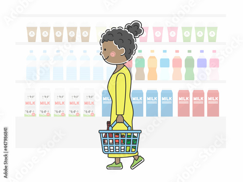 スーパーマーケットで買い物をする黒人女性のイラスト
