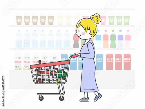 ショッピングカートで買い物をする白人女性のイラスト