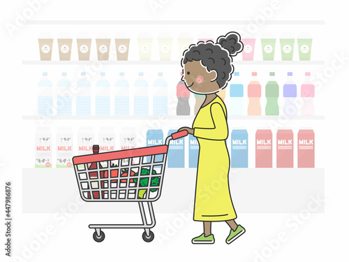 ショッピングカートで買い物をする黒人女性のイラスト
