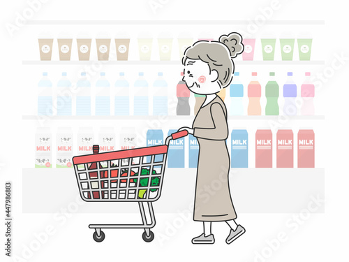 ショッピングカートで買い物をする年配女性のイラスト