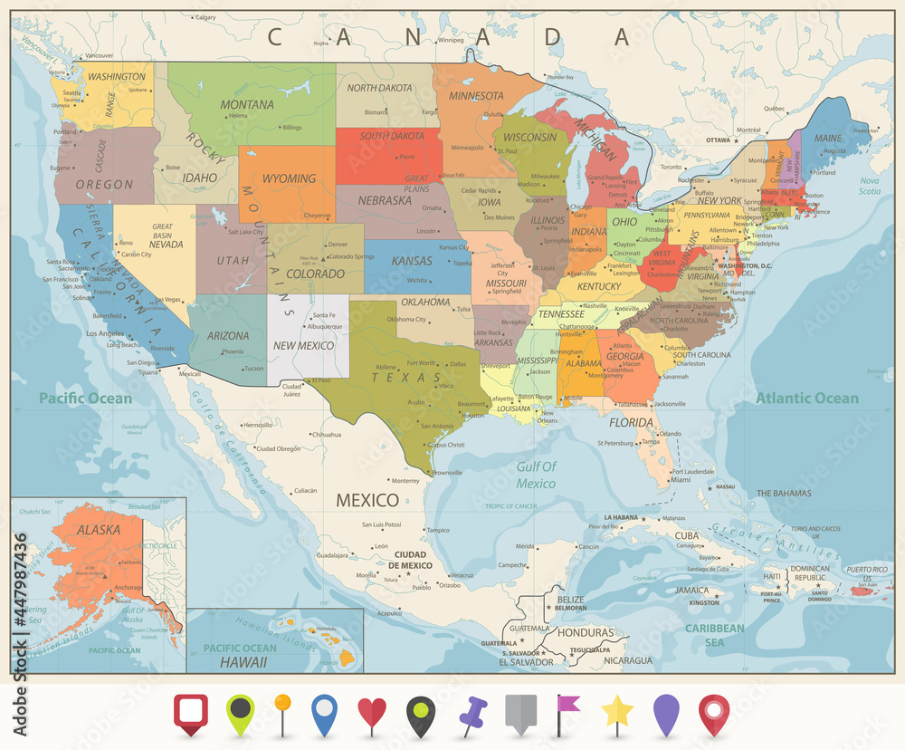 Vintage Color Political Map of USA and Flat Map Pointers