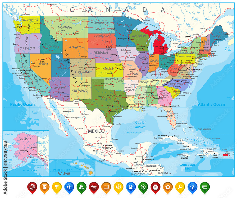 Naklejka premium USA Political Road Map and map pointers