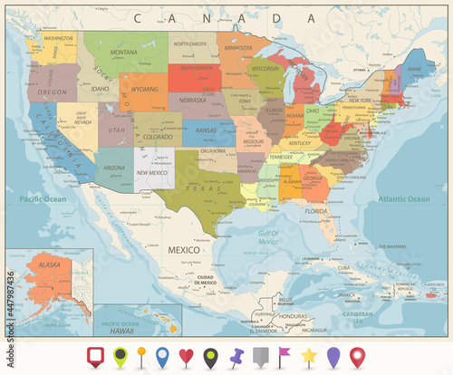 Vintage Color Political Map of USA and Flat Map Pointers