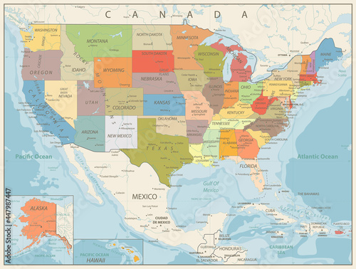 Retro Color Political Map of USA