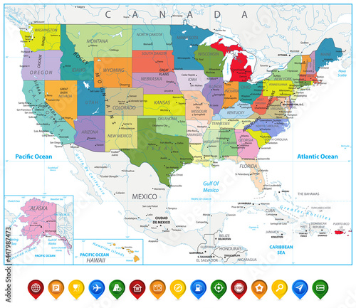 USA Political Map and map pointers isolated on white