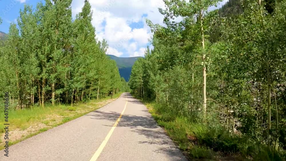 Cycling along a nature trail in a valley between rugged mountains and through an aspen forest Cycling along a nature trail in a valley between rugged mountains and through an aspen forest