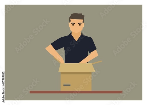 Young boy unboxing a package, simple flat illustration