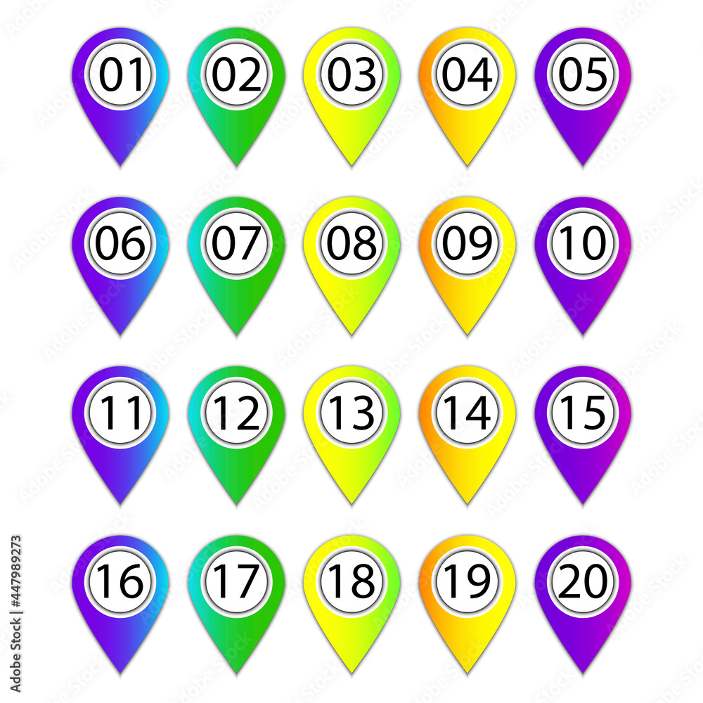 Bullet numbers. Map pointer icon. Pin point icon. Arrow vector icon. Vector graphic. 20 steps. Vector illustration. Bullet numbers. Map pointer icon. Pin point icon. Arrow vector icon. Vector graphic. 20 steps. Vector illustration.