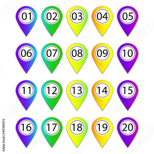 Bullet numbers. Map pointer icon. Pin point icon. Arrow vector icon. Vector graphic. 20 steps. Vector illustration.