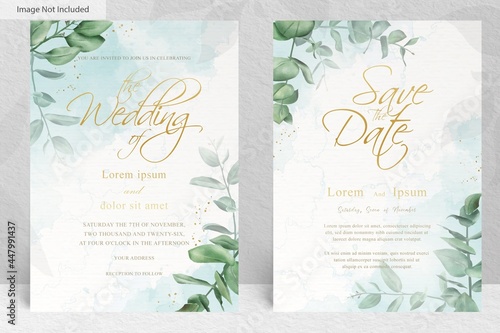 set of greenery wedding invitation card template design of eucalyptus leaves