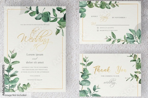 set of greenery wedding invitation card template design of eucalyptus leaves