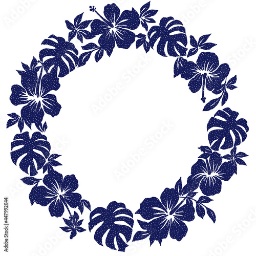 Classical vintage hibiscus and monstera leaf wreath illustrations, ornaments, background