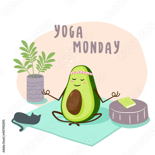 yoga monday. avocado doing yoga. Fruits Series Characters