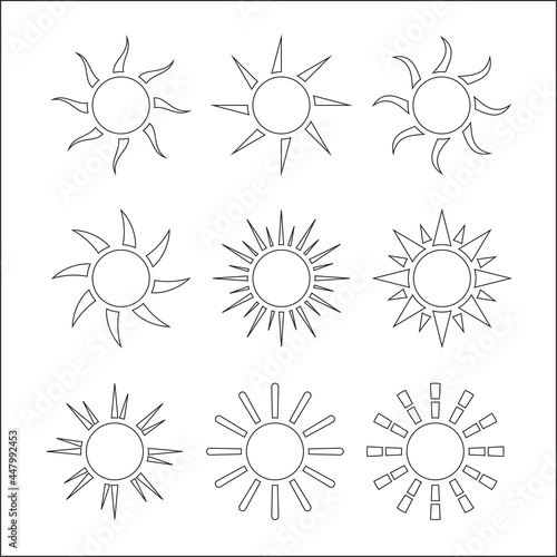 Sun icons vector on white background Sunrise & sunset icons collection. Flat vector icons. Morning sunlight icons Sunshine vector sign. Sunset icon collection vector illustration