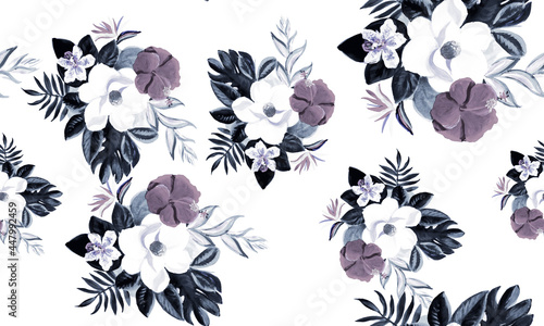 White Seamless Background. Indigo Pattern Vintage. Blue Tropical Botanical. Gray Floral Art. Navy Flora Textile. Cobalt Watercolor Hibiscus. Decoration Leaf.