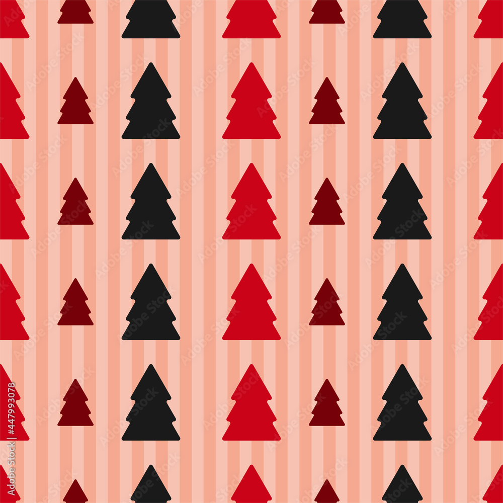Obraz premium Seamless pattern. Christmas tree design isolated on striped background. Stylish pattern concept for wrapping paper, fabric, print, wallpaper, textile gift wrap. Retro style. Vector illustration.