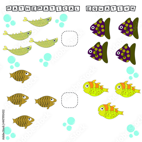 Which is greater, less or equal game with funny fishes. Worksheet for preschool kids, kids activity sheet, printable worksheet