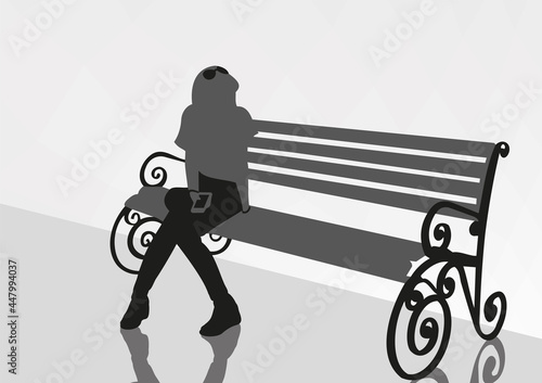 female silhouette girl with a phone on a bench