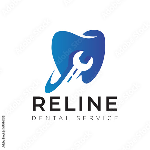 reline dental service logo, tooth with wrench wedge vector