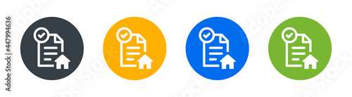 House contract or rental agreement icon. Document with property approved and checked. Vector illustration