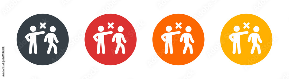 Person walk away from someone else with cross icon. Man get fired icon. Decline, refuse symbol. Person walk away from someone else with cross icon. Man get fired icon. Decline, refuse symbol.