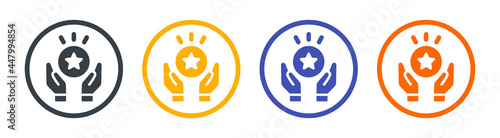 Hand holding star badge icon. Symbol of special offer, Vip sign symbol vector illustration.