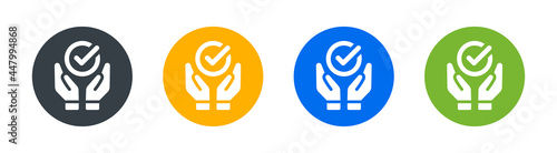 Hand support with checkmark icon. Solution, success, approval, achievement symbol on circle design.