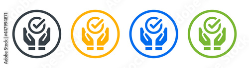 Hand with checkmark button icon. Validation, approved, confirm. Vector illustration