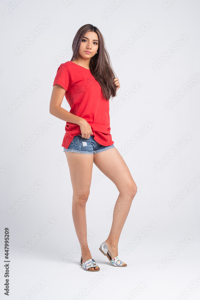 latina model shirt color studio legs fit modeling clothes white background latina model shirt color studio legs fit modeling clothes white background