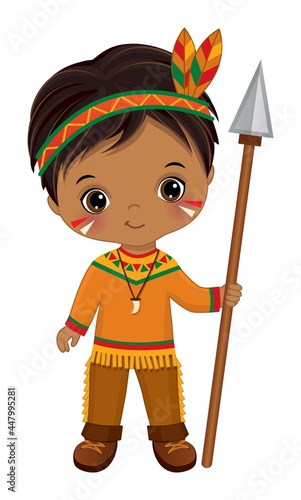 Cute Little Native American Indian Boy Holding Arrow. Vector Native American Indian Boy