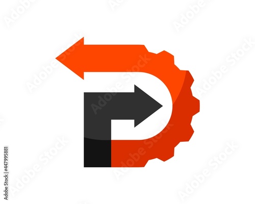 D letter initial with mechanical gear and arrow