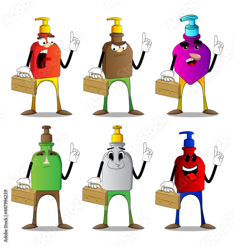 Cartoon bottle of hand sanitizer gel for hygiene with face holding suitcase and making a point.