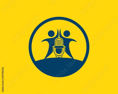 Circle shape with two man and podcast microphone inside