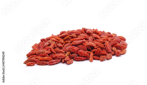 Goji isolated on white background. Goji berry, or wolfberry is the fruit of either Lycium barbarum or Lycium chinense. Used in traditional Chinese medicine and herbal tea, had anti-cancer properties.