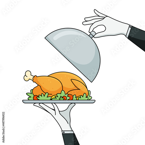 Elegant waiter hands holding silver serving tray with baked bird and lid cover cloche for food. Vector flat cartoon illustration