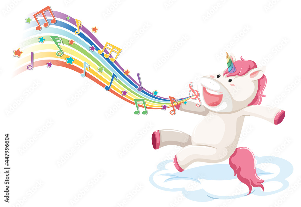 Cute unicorn jumping on the cloud with melody symbols on rainbow Cute unicorn jumping on the cloud with melody symbols on rainbow