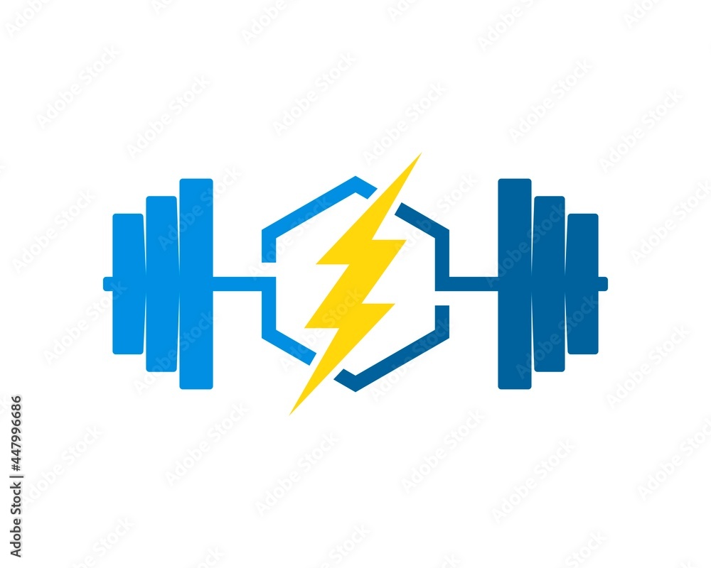 Gym barbell with hexagonal shape and electrical lightning inside Gym barbell with hexagonal shape and electrical lightning inside