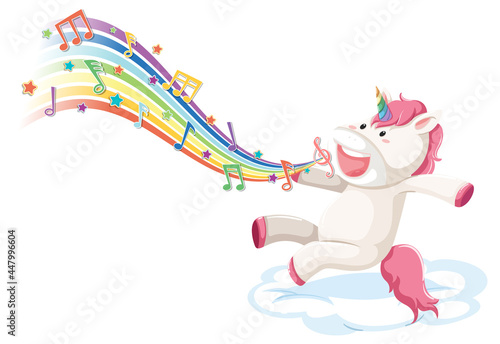 Cute unicorn jumping on the cloud with melody symbols on rainbow